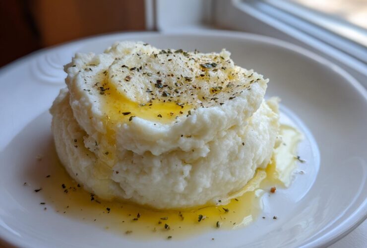 A mound of fluffy Creamy Garlic Mashed Cauliflower drizzled with melted butter and sprinkled with herbs.