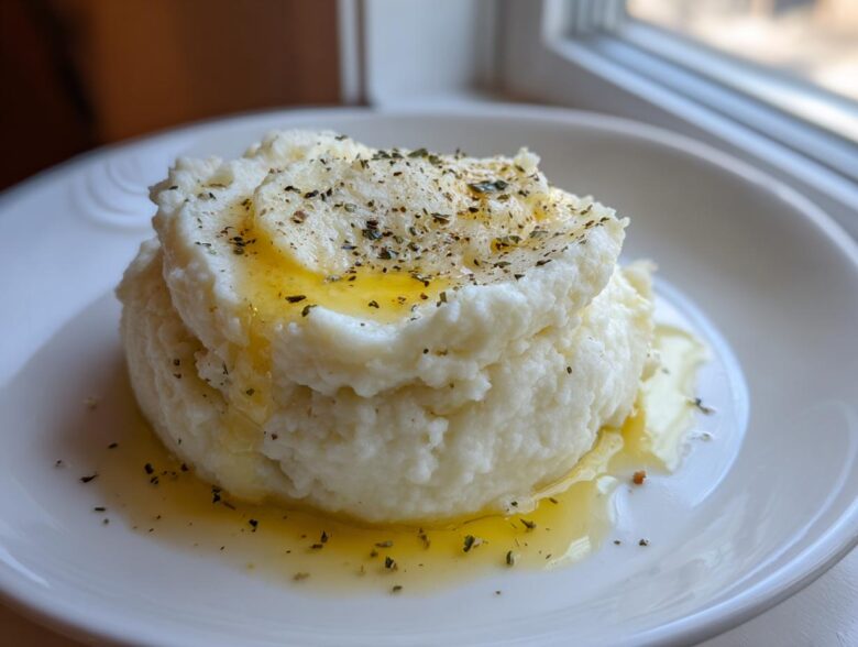 A mound of fluffy Creamy Garlic Mashed Cauliflower drizzled with melted butter and sprinkled with herbs.