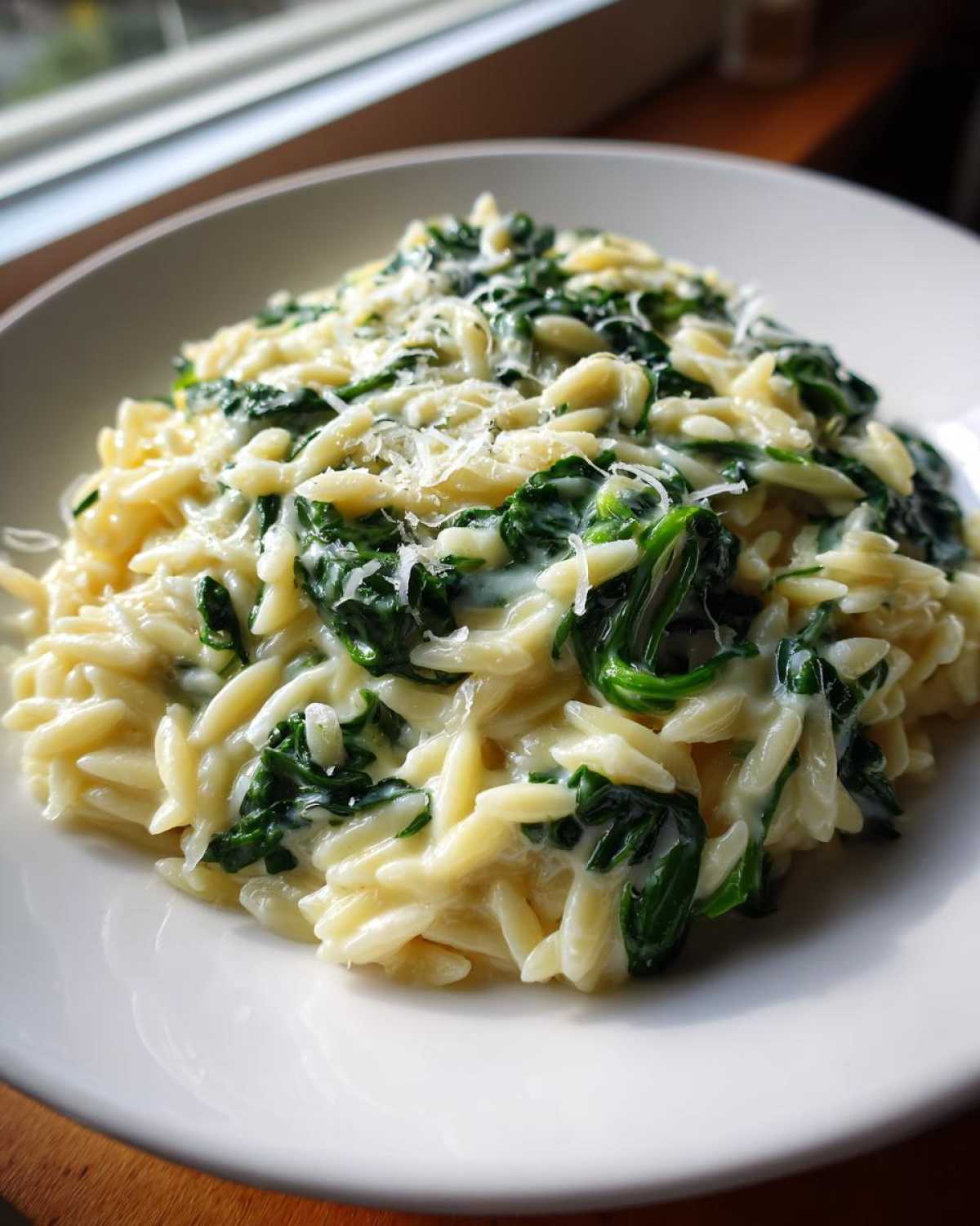 A close-up of a bowl of Creamy Garlic Parmesan Orzo with Spinach, topped with grated cheese.