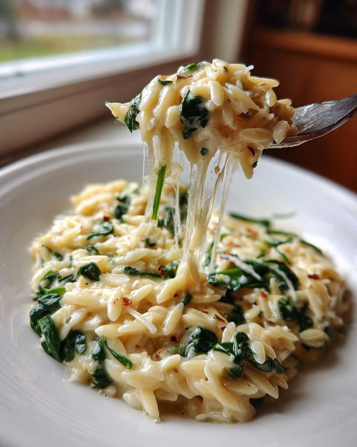 A spoonful of creamy garlic parmesan orzo with spinach being lifted, showing long, stretchy cheese pulls.