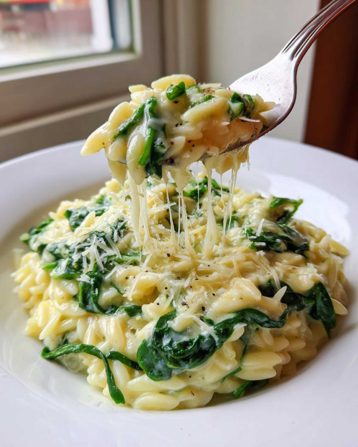 A fork lifts a cheesy bite of Creamy Garlic Parmesan Orzo with Spinach, showing long cheese pulls.