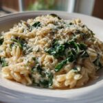 A close-up of a serving of Creamy Garlic Parmesan Orzo with Spinach, topped with grated cheese.