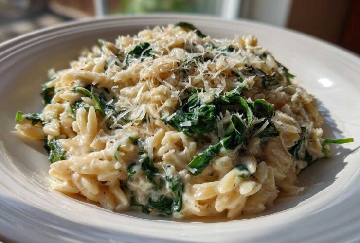 A close-up of a serving of Creamy Garlic Parmesan Orzo with Spinach, topped with grated cheese.