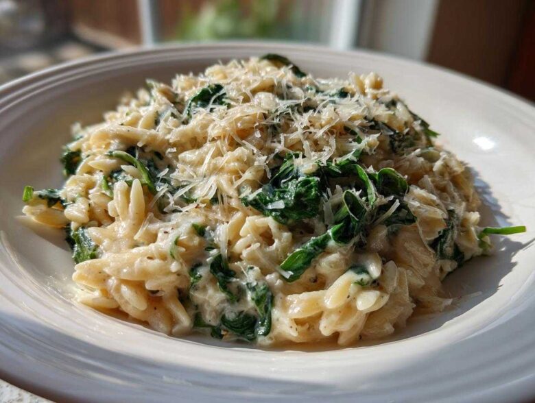 A close-up of a serving of Creamy Garlic Parmesan Orzo with Spinach, topped with grated cheese.