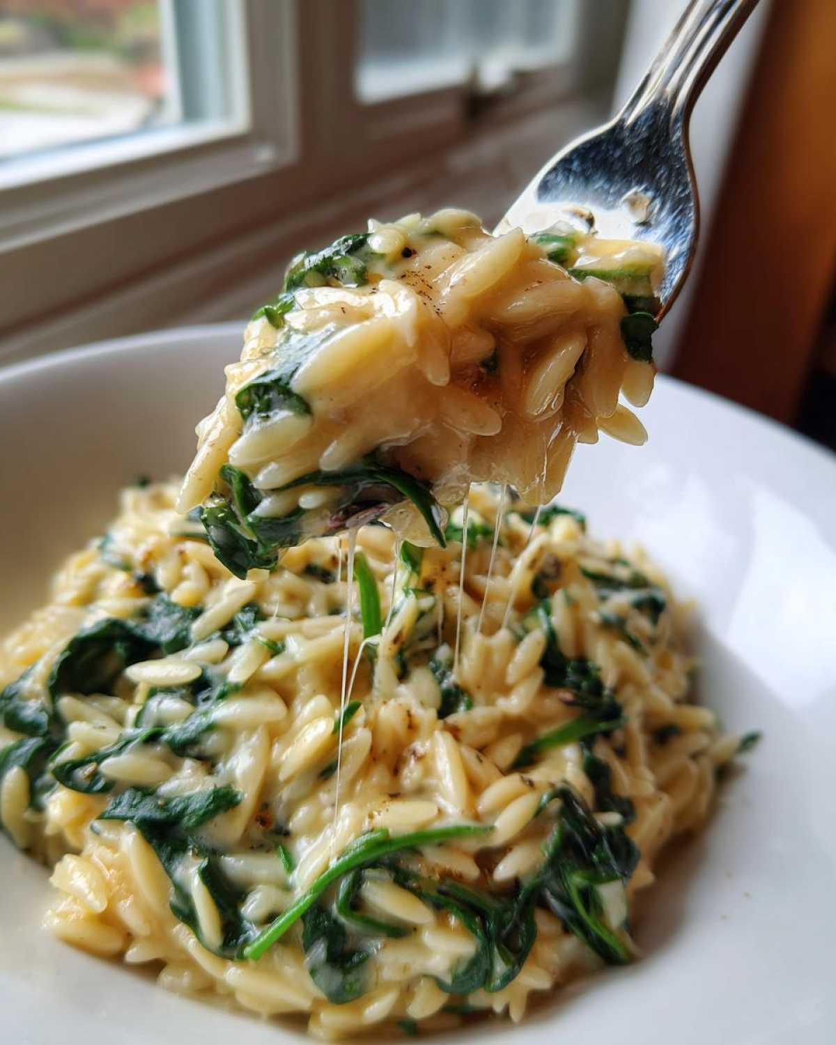 A fork lifting a bite of creamy garlic parmesan orzo with spinach, showing cheese pull over the bowl.