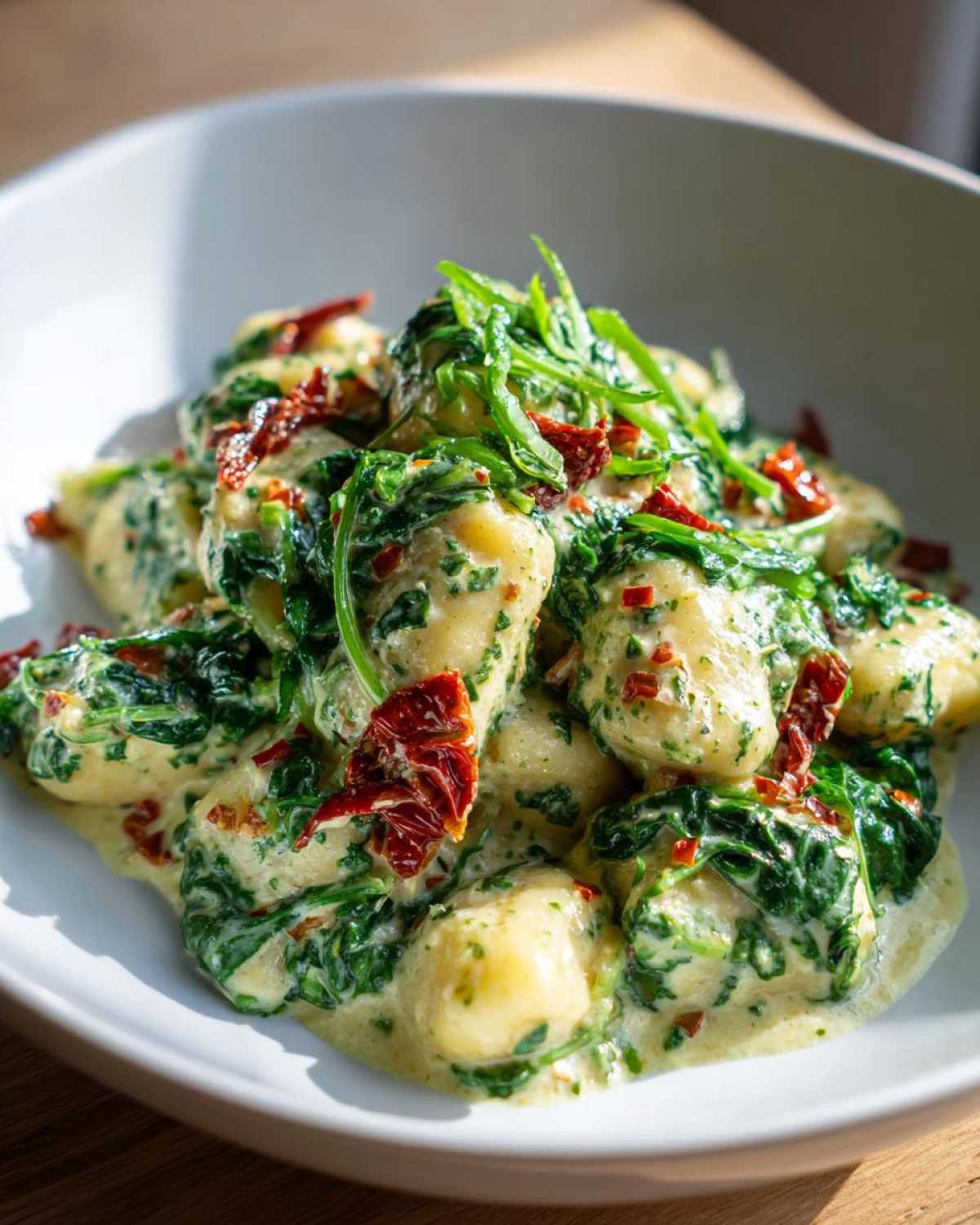 A bowl of rich Creamy Pesto Gnocchi mixed with spinach and topped with sun-dried tomatoes.