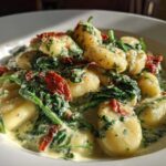 A close-up of a white bowl filled with Creamy Pesto Gnocchi mixed with wilted spinach and sun-dried tomatoes.