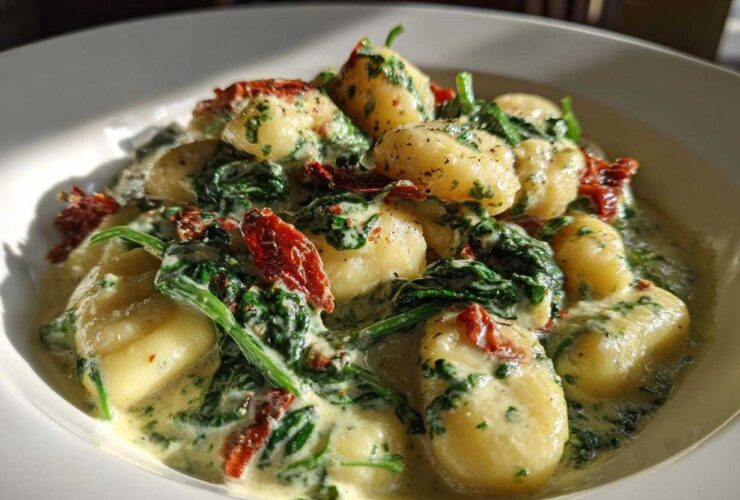 A close-up of a white bowl filled with Creamy Pesto Gnocchi mixed with wilted spinach and sun-dried tomatoes.