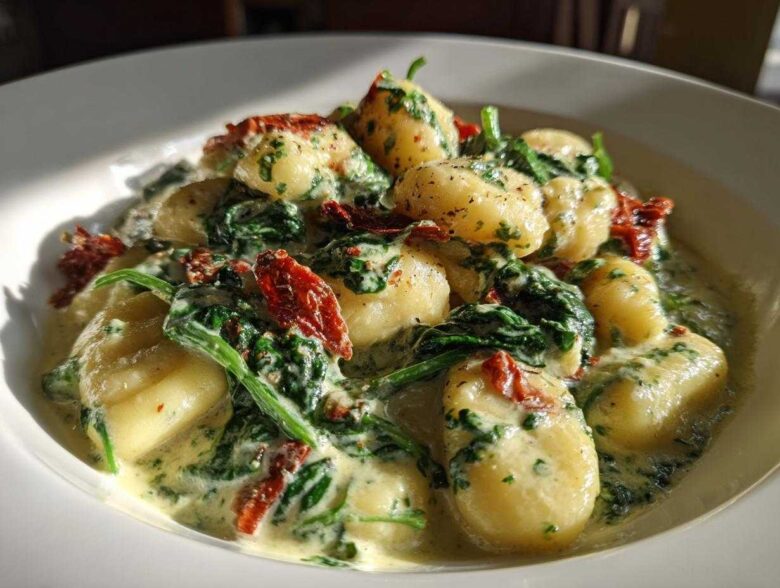 A close-up of a white bowl filled with Creamy Pesto Gnocchi mixed with wilted spinach and sun-dried tomatoes.