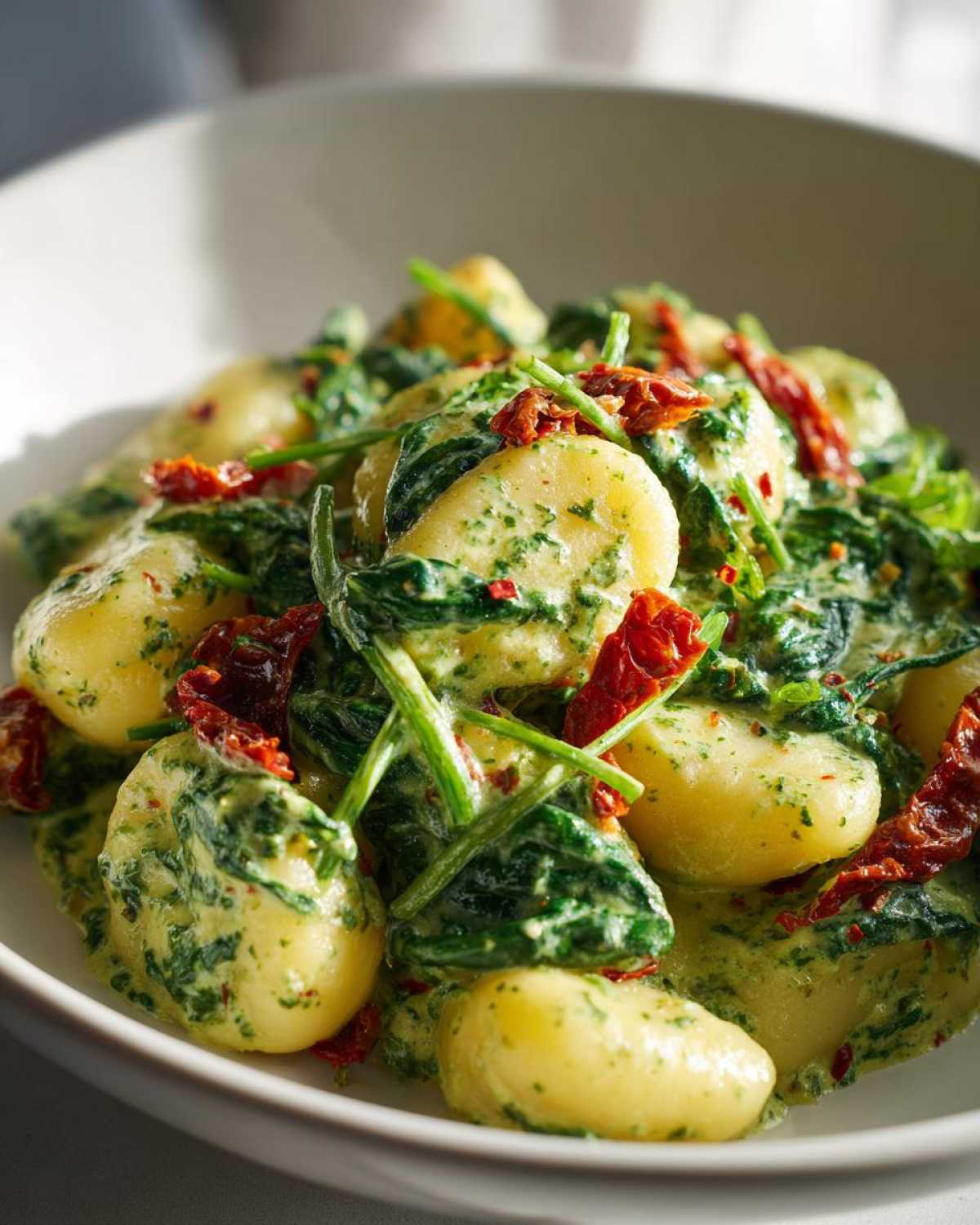 Close-up of plump gnocchi coated in a rich, creamy pesto sauce with wilted spinach and sun-dried tomatoes, highlighting the Creamy Pesto Gnocchi.