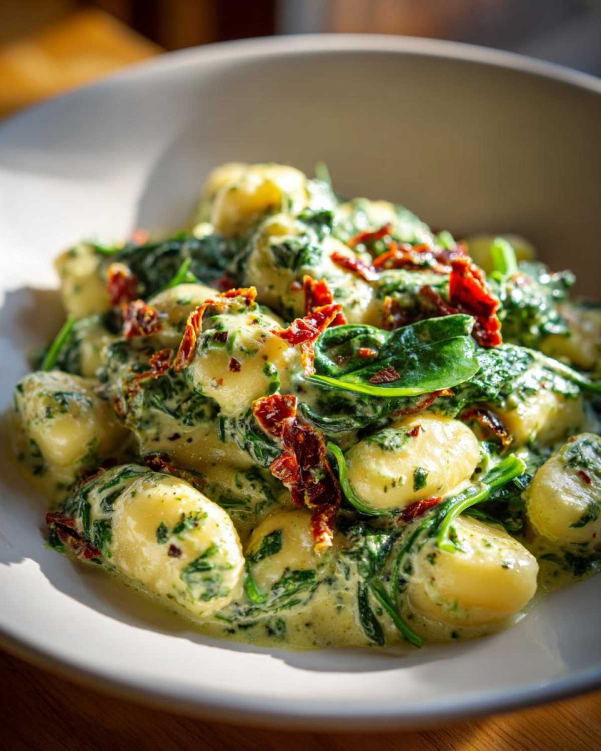 A close-up serving of rich, Creamy Pesto Gnocchi mixed with wilted spinach and sun-dried tomatoes in a light bowl.