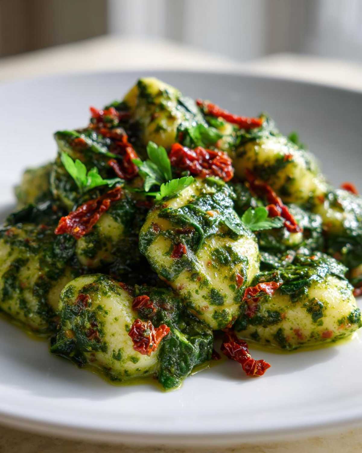 A close-up shot of tender gnocchi coated in vibrant green pesto sauce, topped with sun-dried tomatoes and fresh parsley, showcasing the Creamy Pesto Gnocchi.