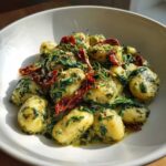 Close-up of tender gnocchi coated in a rich, creamy pesto sauce with spinach and sun-dried tomatoes, featuring Creamy Pesto Gnocchi.