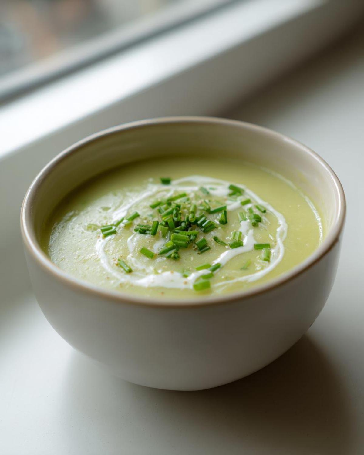A close-up of a bowl of smooth, light green Creamy Potato Leek Soup, topped with a swirl of cream and fresh chopped chives.