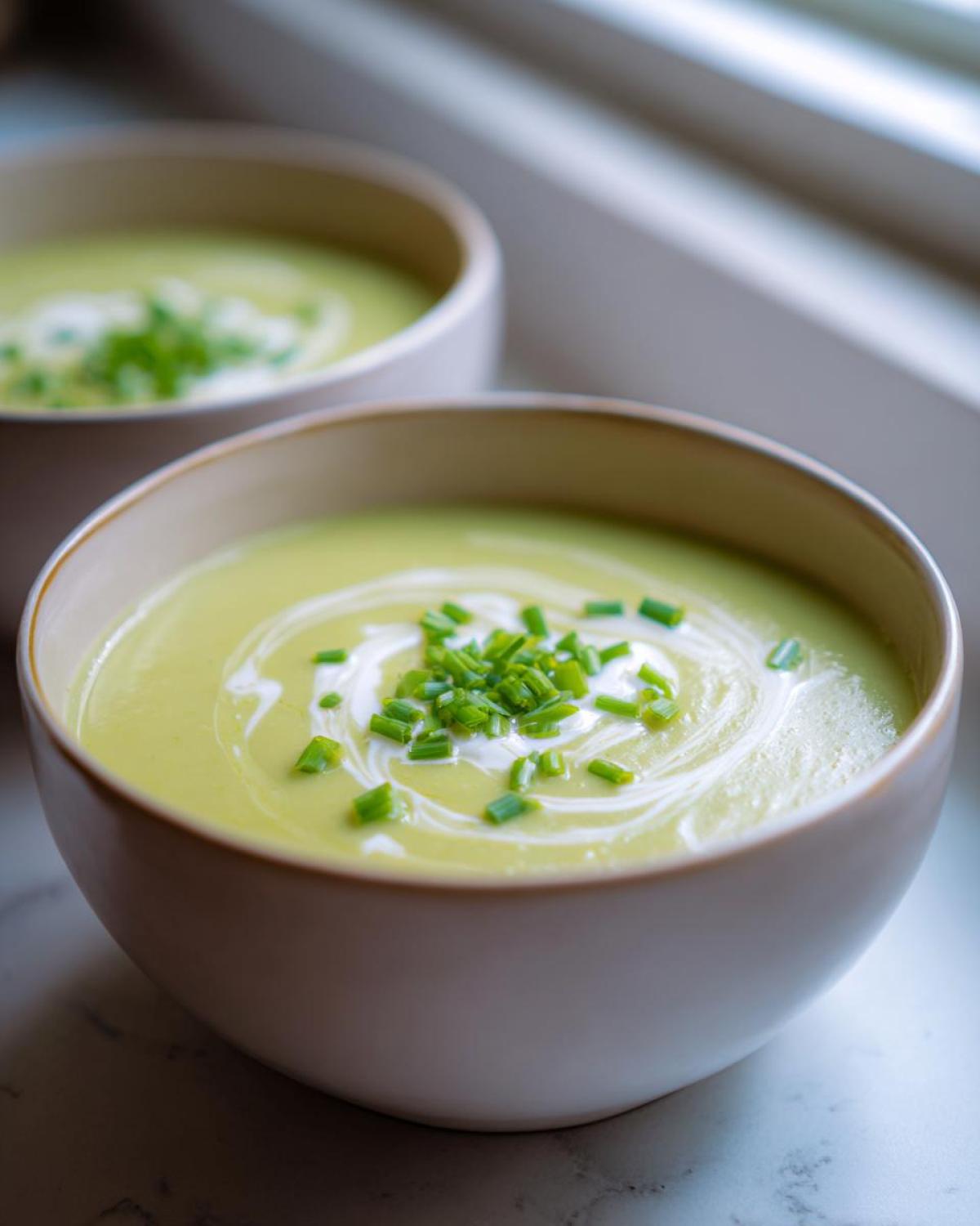 A close-up of a bowl of smooth, light green Creamy Potato Leek Soup, garnished with a swirl of cream and fresh chopped chives.