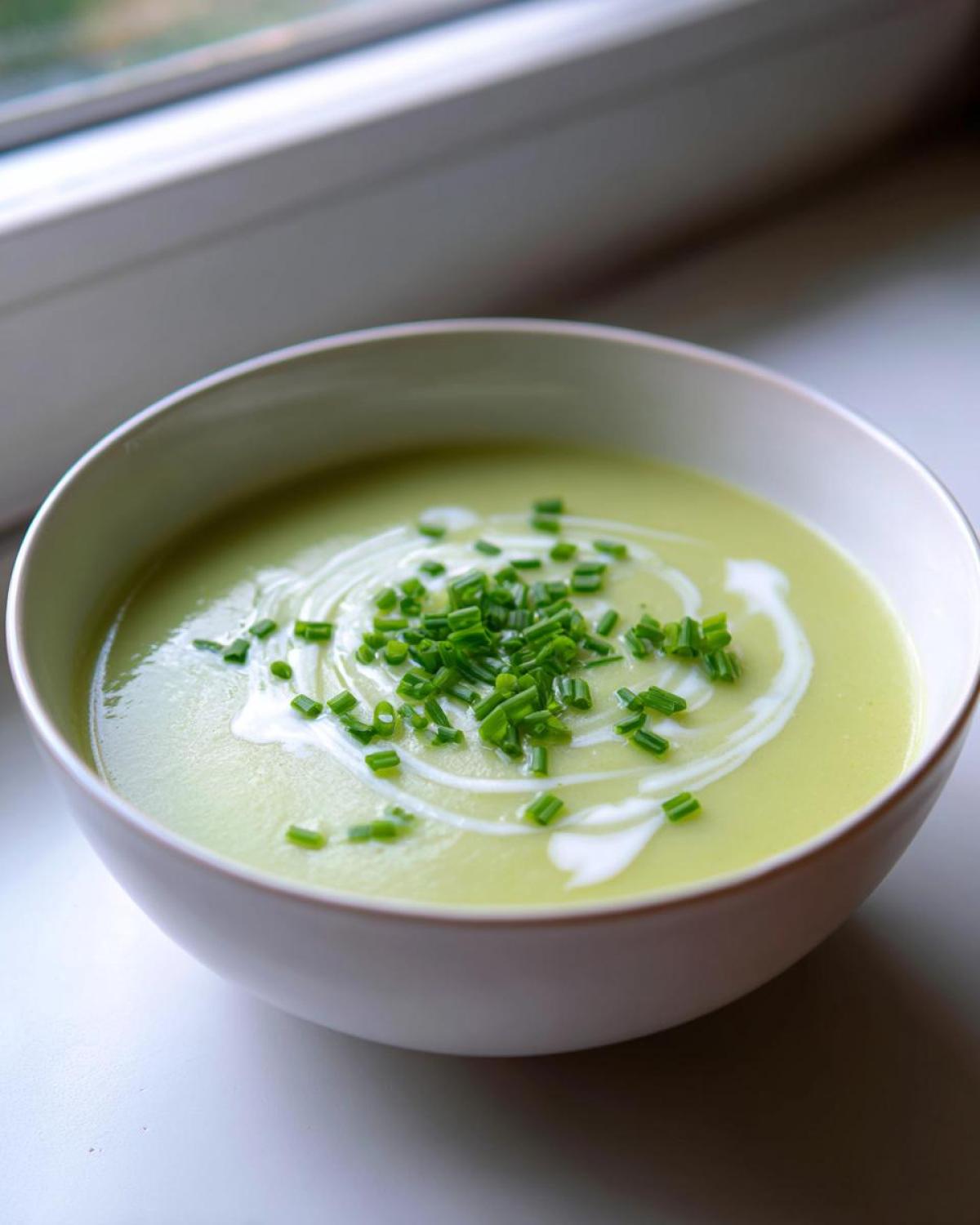 A bowl of smooth, light green Creamy Potato Leek Soup garnished with a swirl of cream and fresh chopped chives.