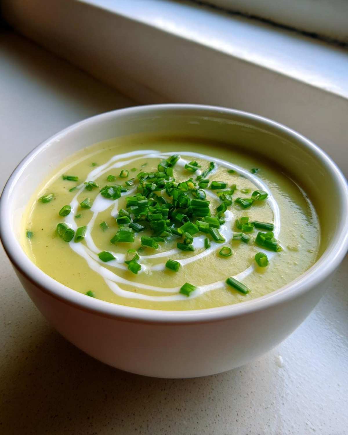 A close-up of a white bowl filled with creamy potato leek soup, garnished with a swirl of cream and fresh chopped chives.