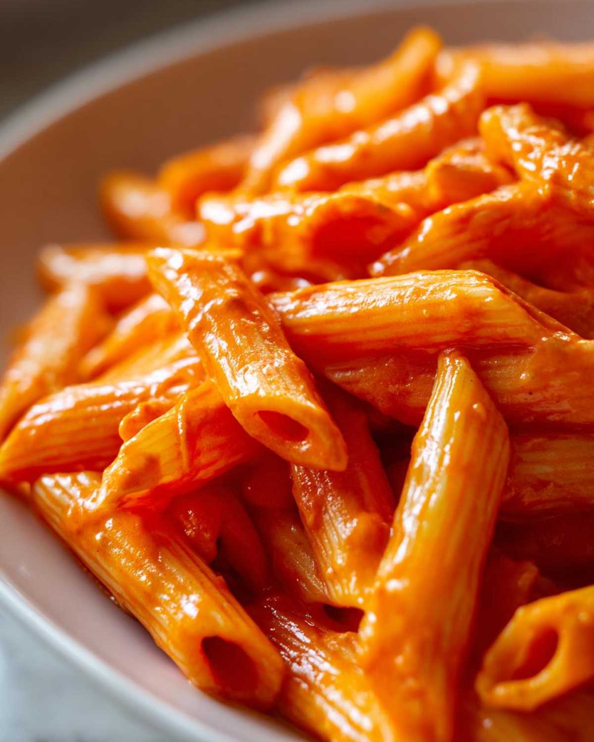 Close-up of penne pasta coated in a vibrant, thick Creamy Roasted Red Pepper Pasta sauce.