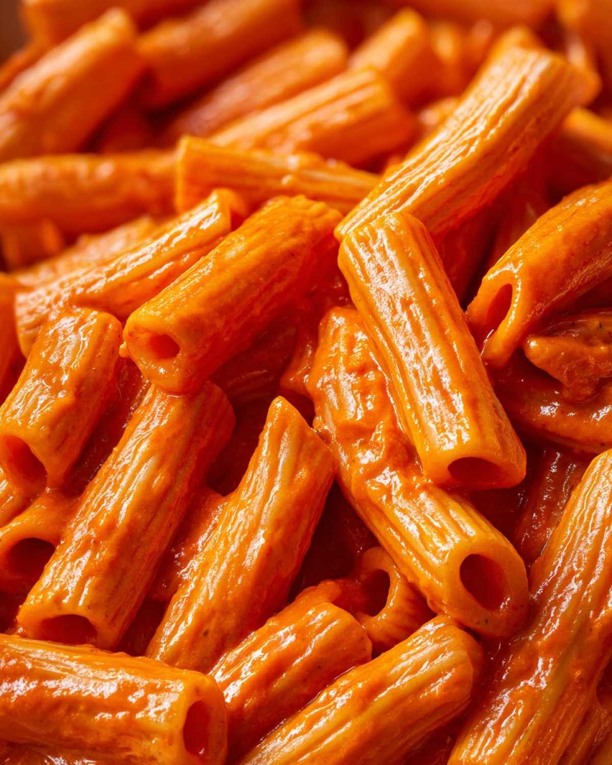 Extreme close-up of rigatoni pasta coated thickly in vibrant orange Creamy Roasted Red Pepper Pasta sauce.
