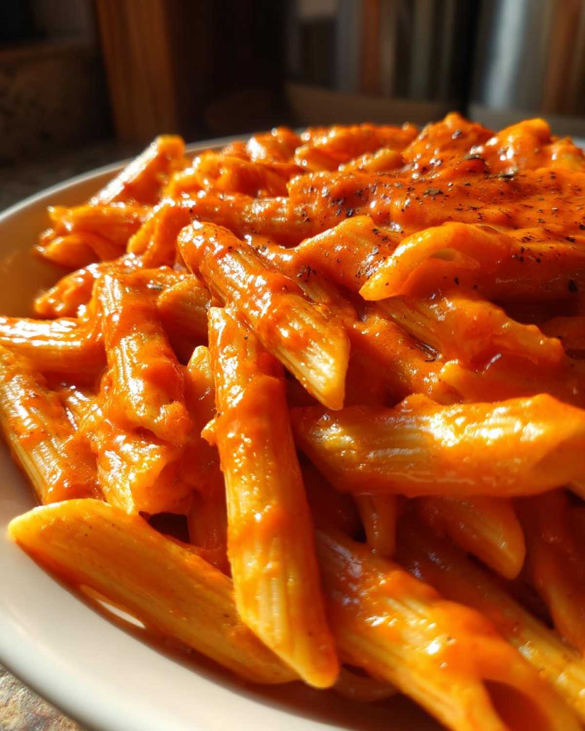 A close-up, appetizing view of penne pasta coated in rich, orange sauce for Creamy Roasted Red Pepper Pasta, sprinkled with black pepper.