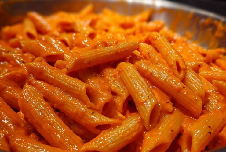 Close-up shot of penne pasta coated in a vibrant, creamy roasted red pepper pasta sauce.