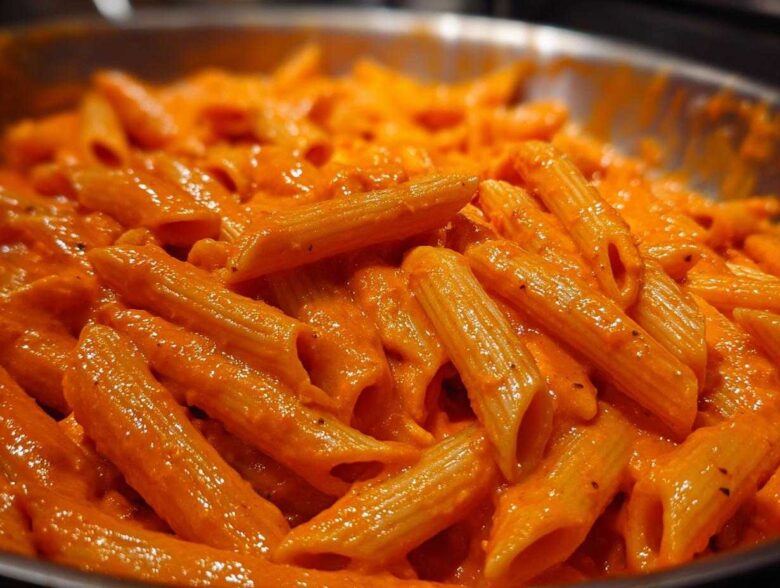 Close-up shot of penne pasta coated in a vibrant, creamy roasted red pepper pasta sauce.
