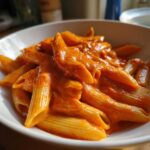 A close-up shot of penne pasta coated generously in a thick, vibrant orange Creamy Roasted Red Pepper Pasta sauce.