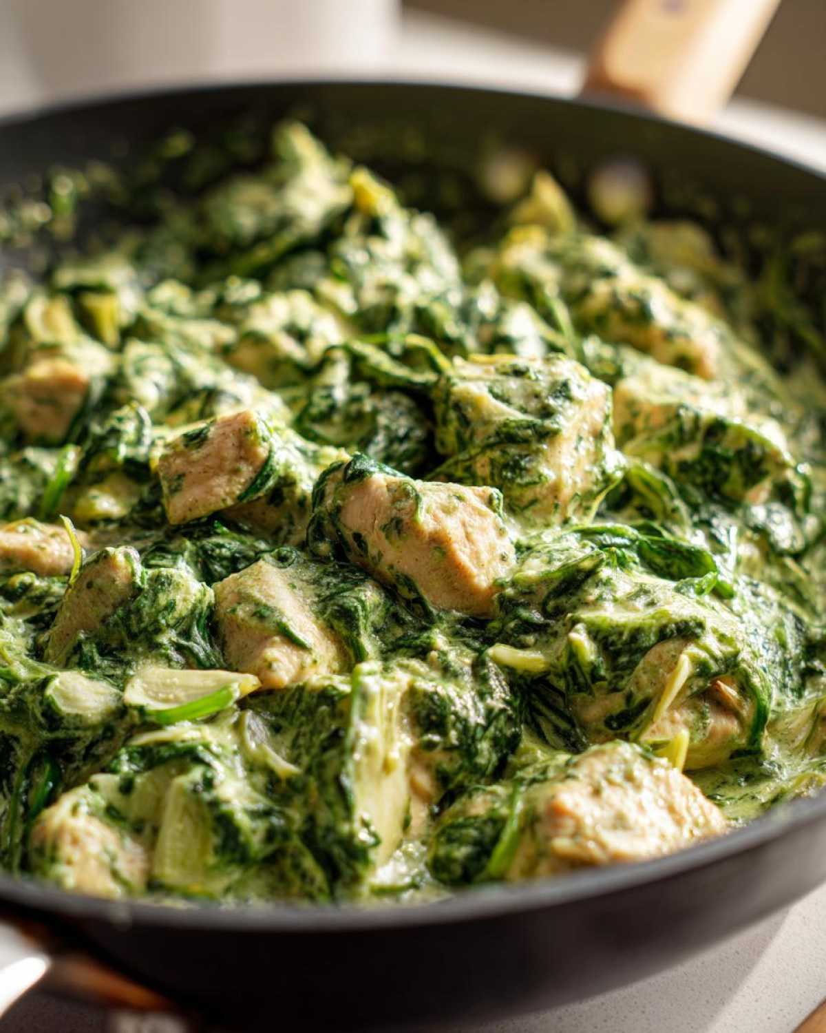 Close-up view of chunks of chicken coated in a rich, creamy spinach and artichoke sauce in a black skillet.