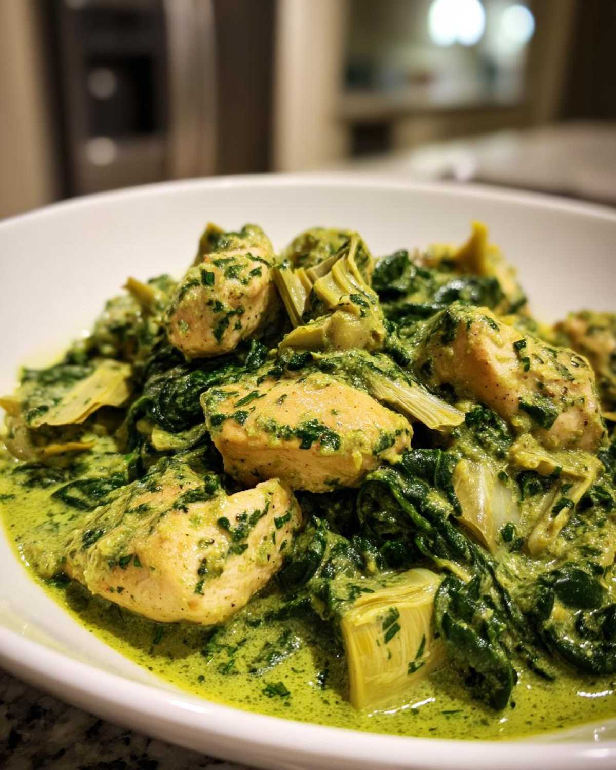Close-up of tender chicken pieces coated in a vibrant green, creamy spinach and artichoke sauce.