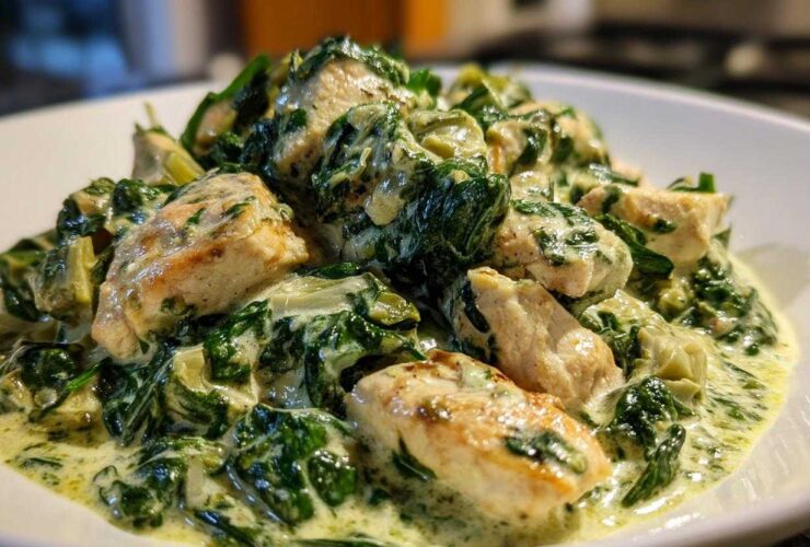 Close-up of tender chicken pieces coated in a rich, creamy sauce with spinach and artichoke hearts, ready to serve from the Creamy Spinach Artichoke Chicken Skillet.