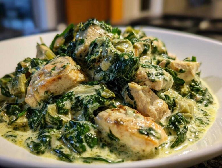 Close-up of tender chicken pieces coated in a rich, creamy sauce with spinach and artichoke hearts, ready to serve from the Creamy Spinach Artichoke Chicken Skillet.