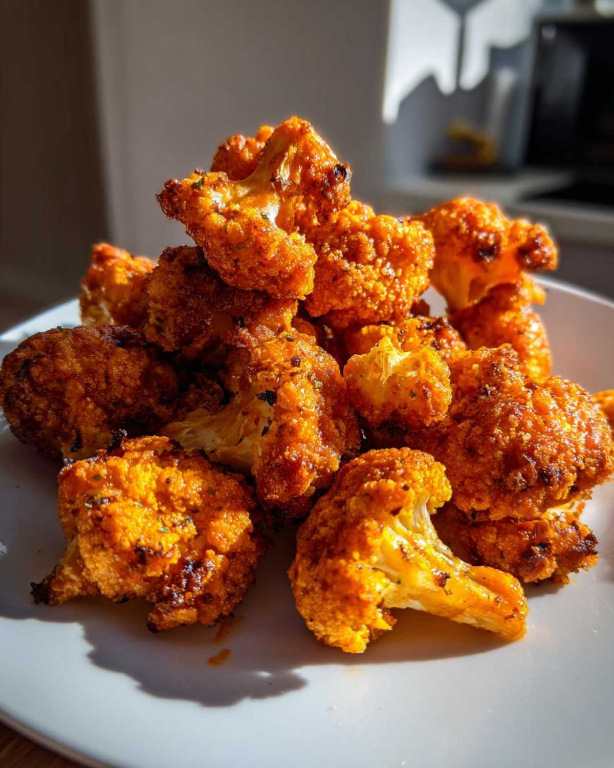 A pile of golden-orange, crispy air fryer cauliflower wings seasoned with spices, sitting on a white plate.