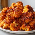 Close-up of a mound of perfectly cooked, orange-coated Crispy Air Fryer Cauliflower Wings piled high on a white plate.