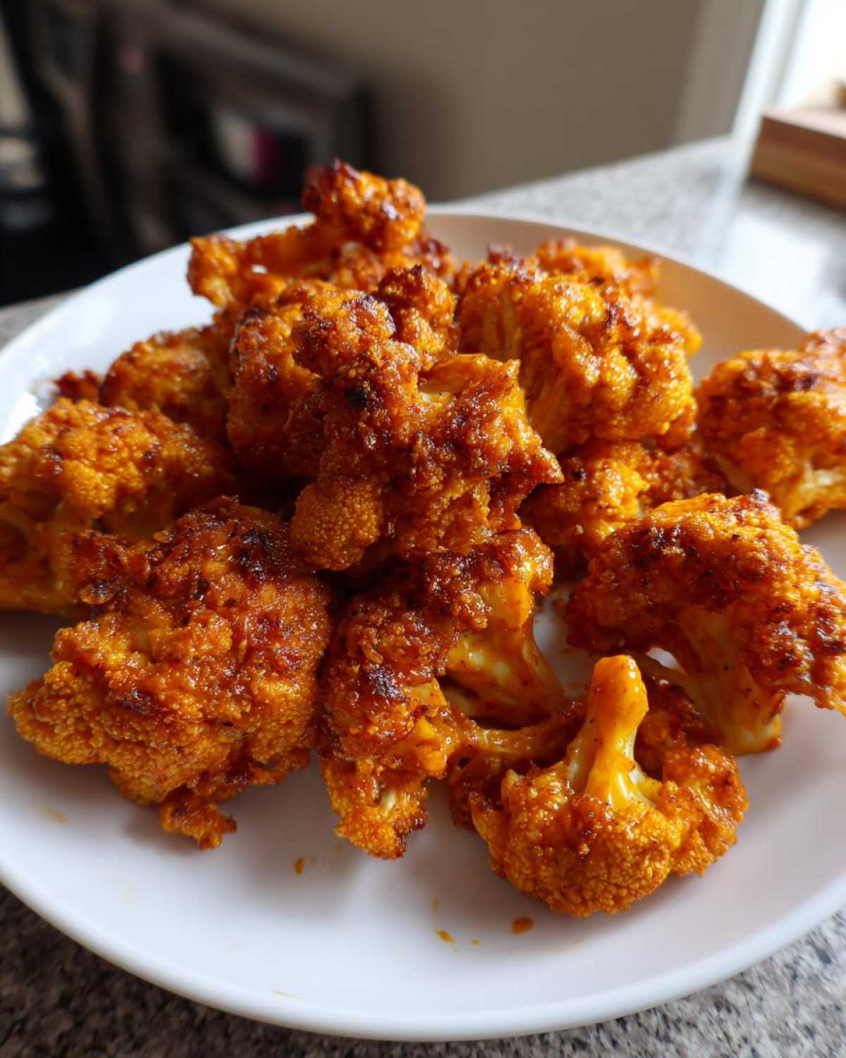 A white plate piled high with golden-orange, crispy air fryer cauliflower wings, showing a slightly charred texture.