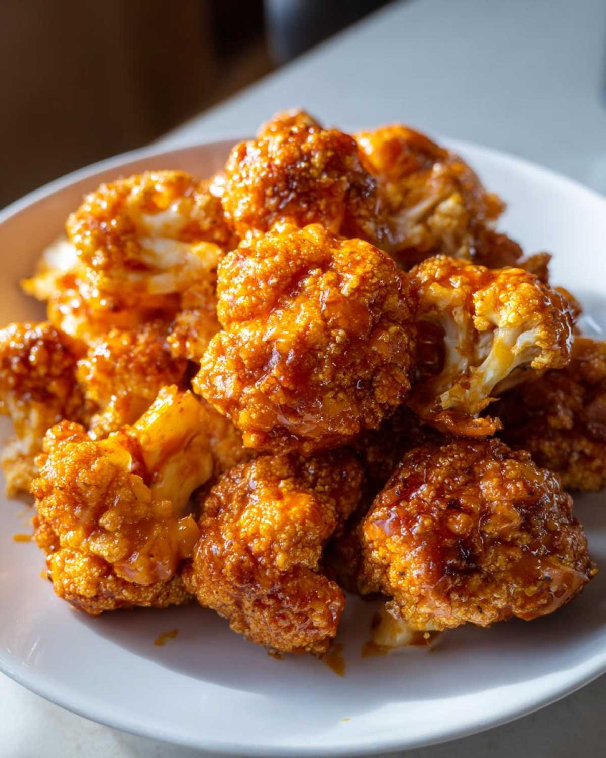 A pile of golden brown, saucy Crispy Air Fryer Cauliflower Wings served on a white plate.