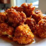 Close-up of several Crispy Air Fryer Cauliflower Wings coated in a glossy, orange sauce on a white plate.