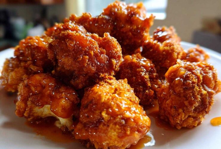 Close-up of several Crispy Air Fryer Cauliflower Wings coated in a glossy, orange sauce on a white plate.