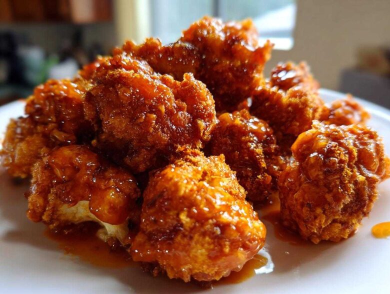Close-up of several Crispy Air Fryer Cauliflower Wings coated in a glossy, orange sauce on a white plate.