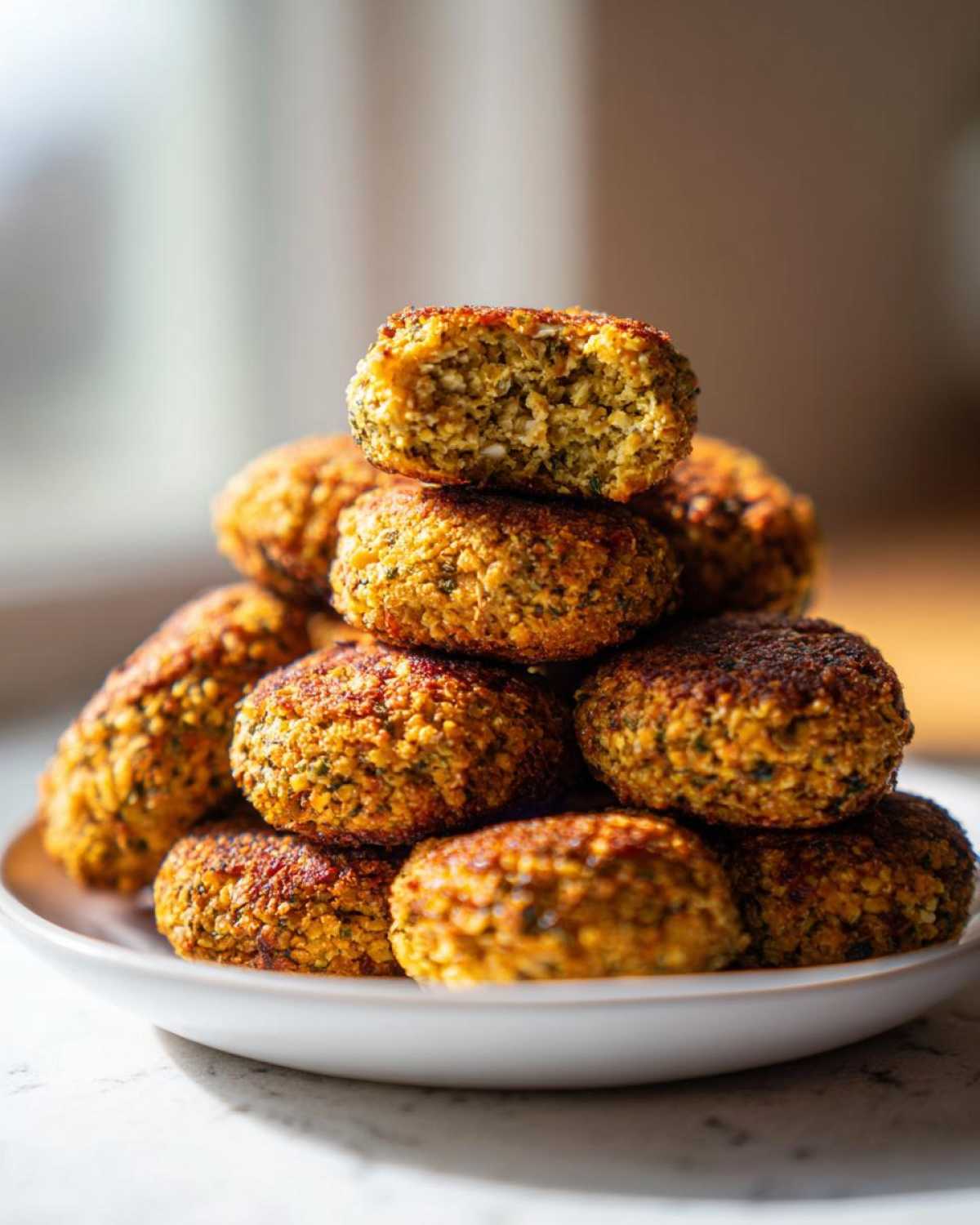A tall stack of golden brown Crispy Air Fryer Falafel on a white plate, with one falafel broken in half showing the textured interior.