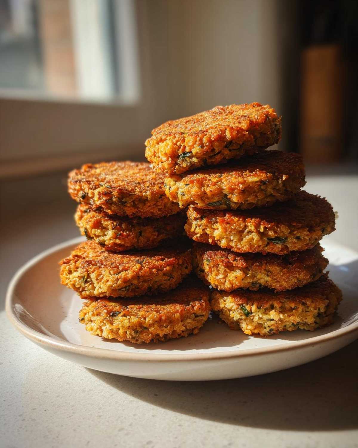 A tall stack of golden brown, crispy air fryer falafel patties piled high on a light ceramic plate.