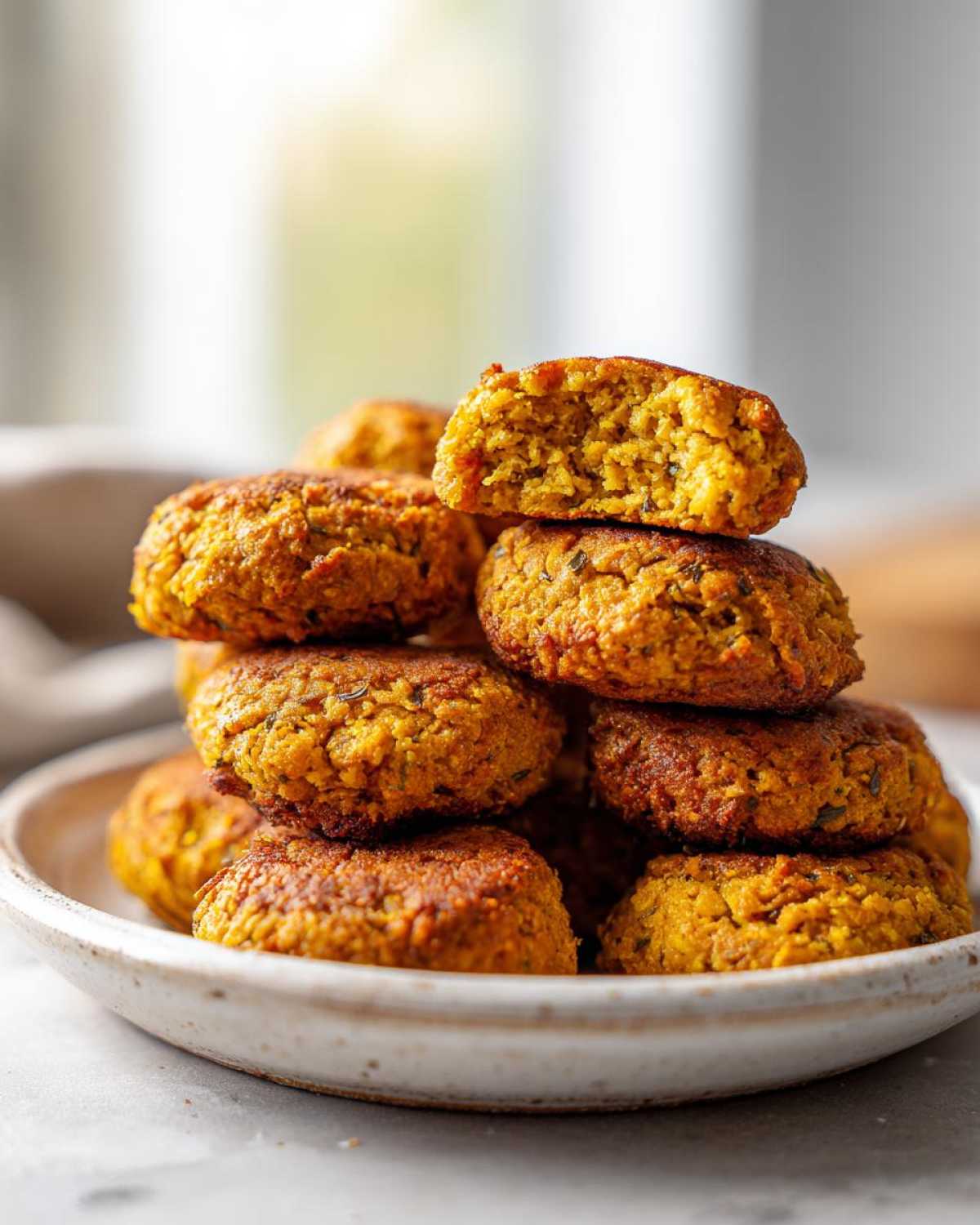 Close-up of a stack of golden brown Crispy Air Fryer Falafel in a rustic bowl, with one falafel cut in half showing the texture inside.