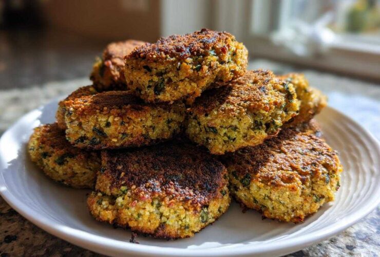 A close-up stack of golden brown, crispy air fryer falafel patties piled high on a white plate.