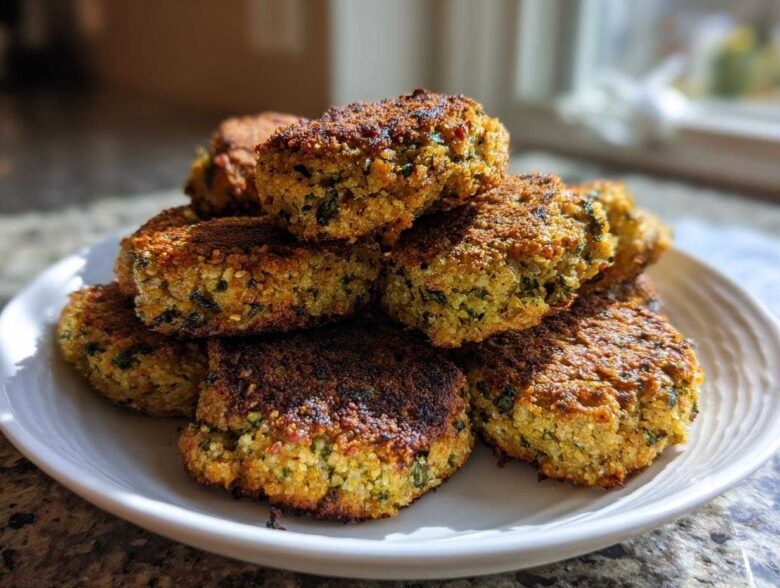 A close-up stack of golden brown, crispy air fryer falafel patties piled high on a white plate.