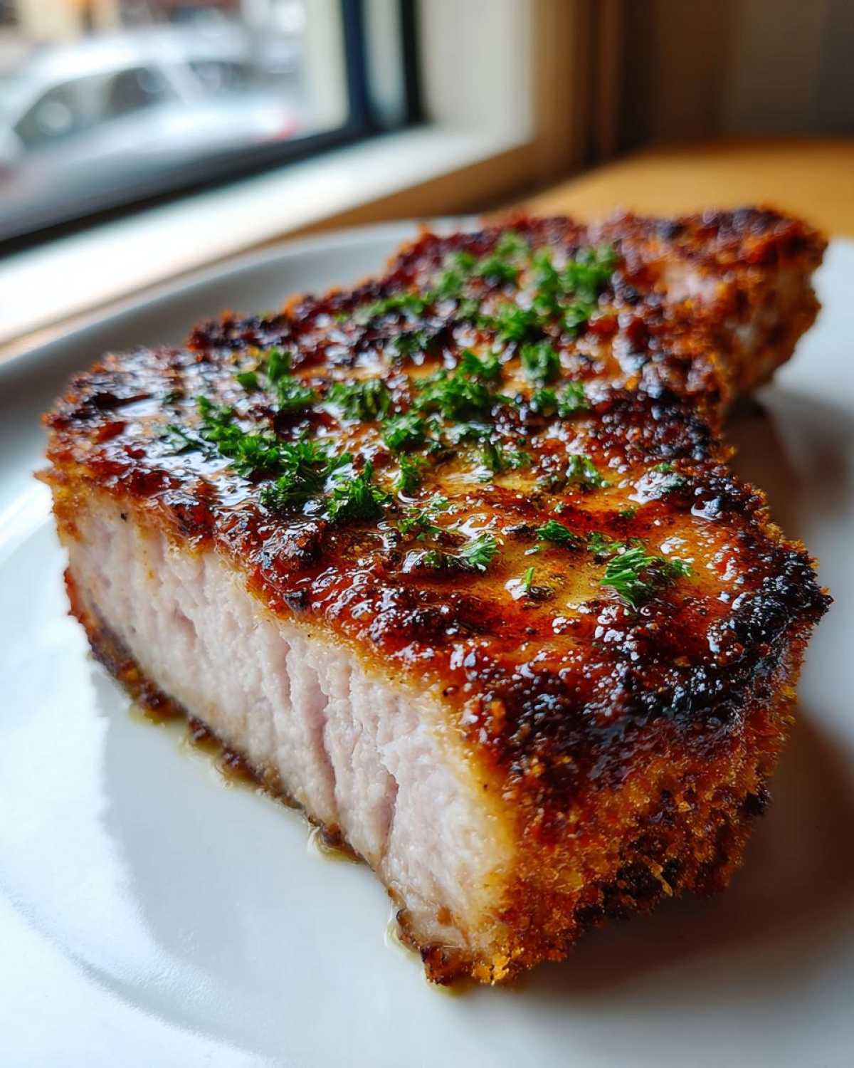 Cross-section of a thick, juicy Crispy Air Fryer Pork Chop topped with garlic butter glaze and parsley.