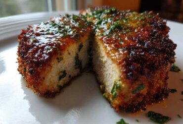 Cross-section of a thick, juicy Crispy Air Fryer Pork Chop with a golden-brown crust and garlic butter glaze.