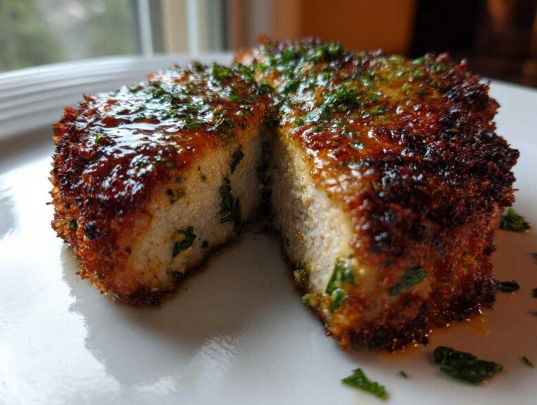 Cross-section of a thick, juicy Crispy Air Fryer Pork Chop with a golden-brown crust and garlic butter glaze.