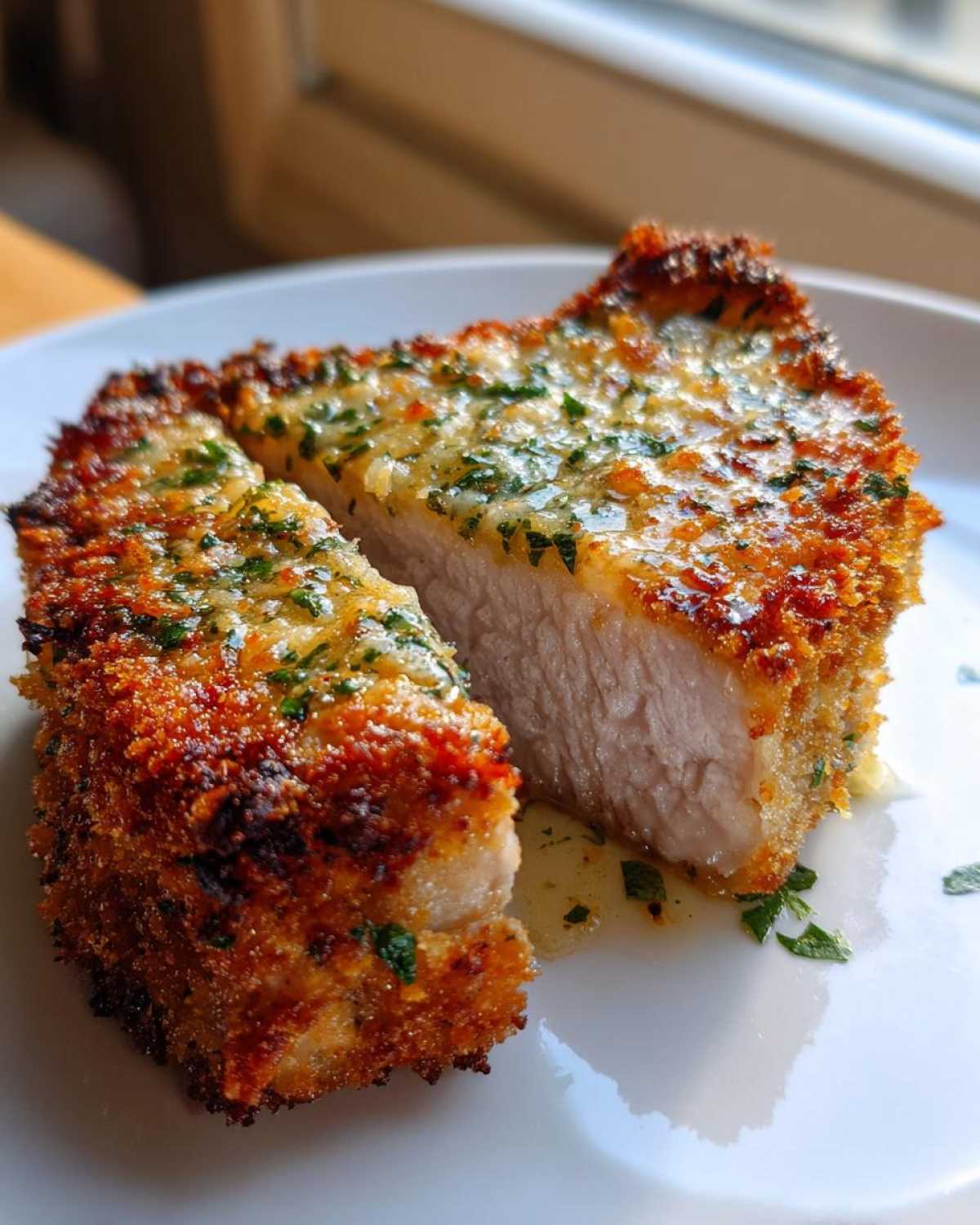 Cross-section of Crispy Air Fryer Pork Chops showing juicy interior and golden brown crust with garlic butter.