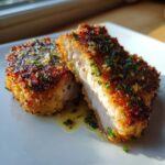 Two halves of Crispy Air Fryer Pork Chops showing a juicy interior and golden crust, drizzled with garlic butter.