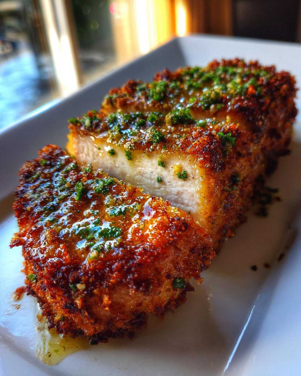 Close-up of thick, crispy air fryer pork chops sliced, drizzled with garlic butter and parsley.