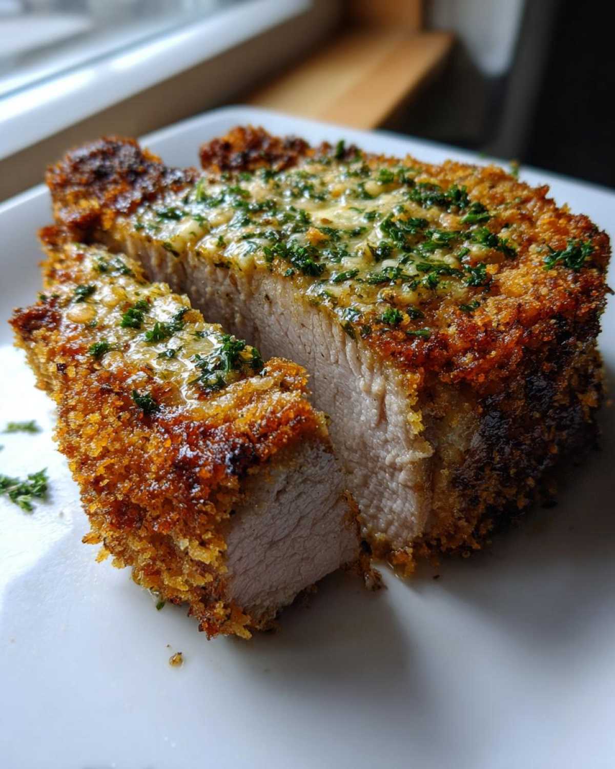 Thick, juicy Crispy Air Fryer Pork Chops, sliced to show the interior, topped with melted garlic butter and parsley.